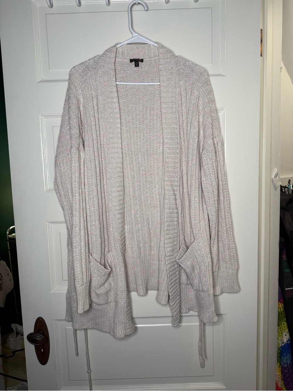 Express Open-Front Knit Cardigan in Light Beige